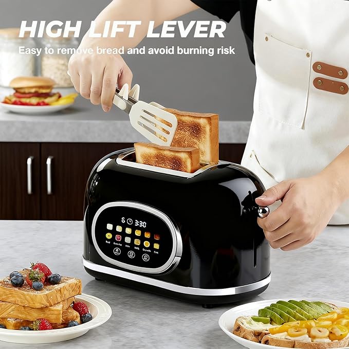 Roter Mond 2 Slice Toaster Smart Touch Screen, Retro Stainless Steel Bread Toaster with Digital Timer, Sleep Mode, Bagel, Cancel, and Defrost Functions, 6 Bread Types and Shade Settings, Black