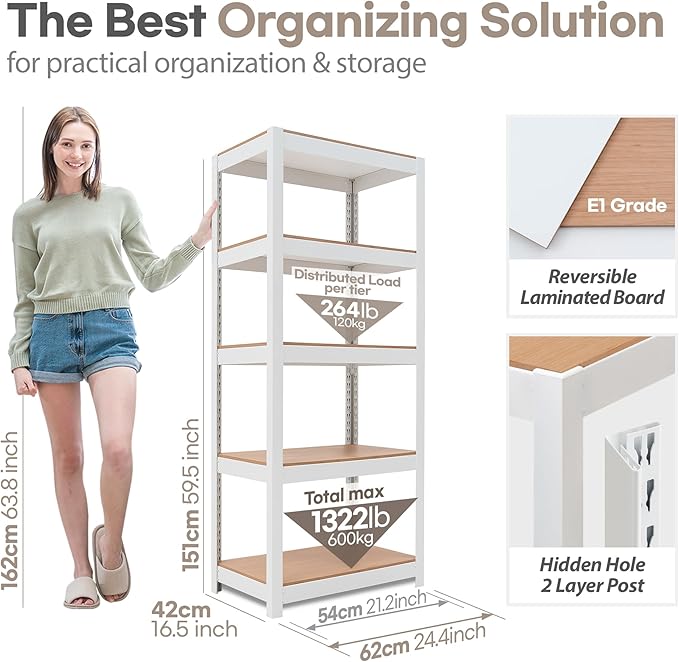 HOMEDANT House 5 Tier 24.4" W Laminated Metal Shelving Unit Adjustable Storage Utility Rack Heavy Duty Shelves Organization Multipurpose Shelf Kitchen Garage Pantry Closet 3 Pack