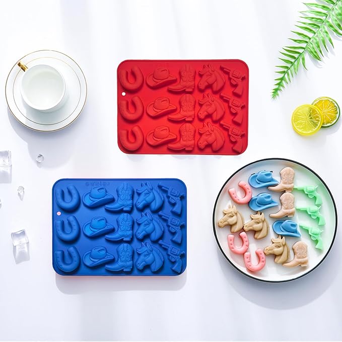 2Pcs Cowboy Chocolate Candy Molds - Cowboy Hat Boot, Horse Saddle Shape Silicone Candy Molds Western Themed Party Baking Mold Jello Ice Cube Candle Mold for Cupcake Cakesicle Decorations
