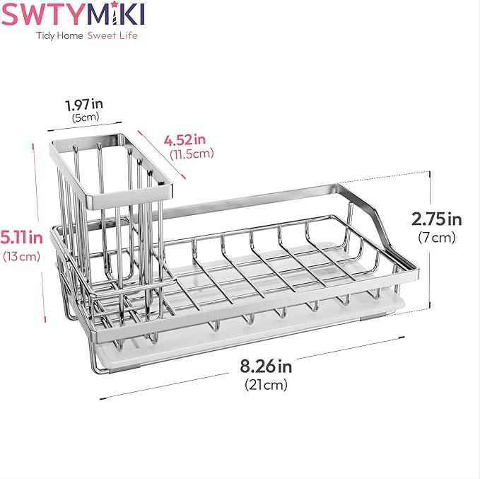 SWTYMIKI Multifunctional Kitchen Sink Caddy - Large Sponge Holder for Kitchen Sink with Removable Brush Holder + Drip Tray, Silver