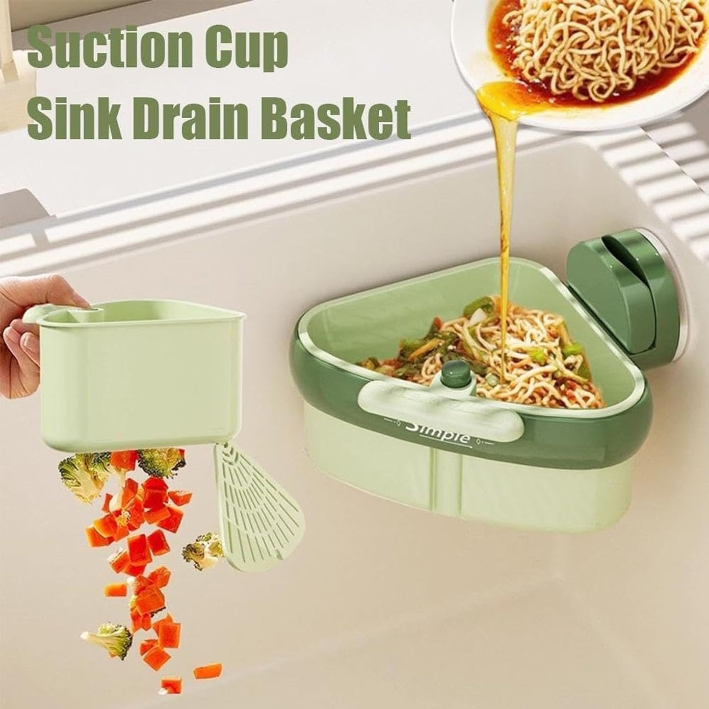 Suction Cup Sink Corner Rack, Curetoaway Corner Sink Strainer, Sink Trash Catcher, Plastic Triangular Baskets Corner Hanging, Rust Resistant, for Kitchen Food Waste (Yellow+Green)