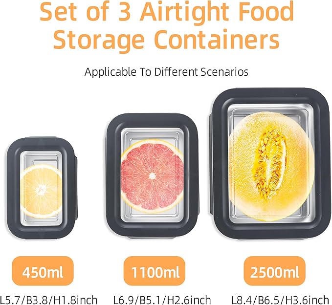 BEFOY Stainless Steel Food Storage Containers with Lids Airtight Bento Lunch Box for Kitchen Leak Proof Meal Prep Stackable Set of 3(450/1100/2500)
