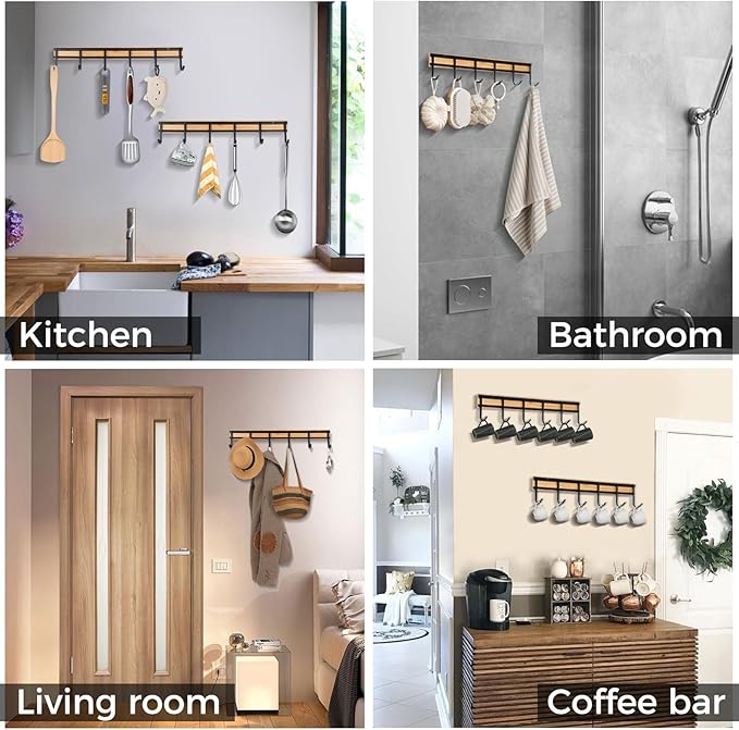 Kitchen Utensil Hanger, Wall Mout Kitchen Utensil Holder Organizer Rack with 6 Hooks, 2 Set Kitchen Wall Hooks for Hanging Cooking Utensils Set, Heavy Duty Wall Shower Hook