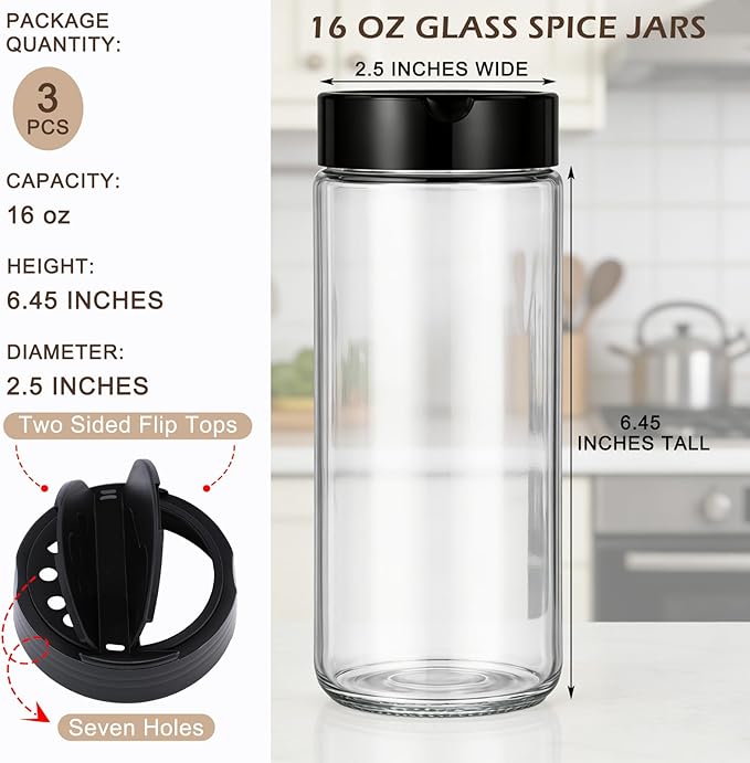 3 Pack 16 oz Glass Spice Jars with Shaker Tops Lids Large Spice Bottle with Lids for Kitchen, Herbs, Sugar, Pantry Herb Salt Pepper Storage (Round)