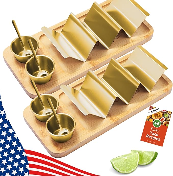 HolaTasty Taco Holder Kit - 2 Pack (Value Pack), 3-in-1 Taco Set of 2-6 slots for Tacos, Fancy Taco Presentation Rack Plate for Taco Tuesday Bar Party, Gifts for Taco Lover Cinco De Mayo Events - Gold