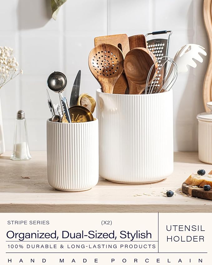 getstar Large Rotating Utensil Holder for Kitchen Counter,7.2"+5.4" Ceramic Utensils Crocks Set for Countertop Large & Small Utensil Organizer for Spatula Farmhouse Kitchen Decor