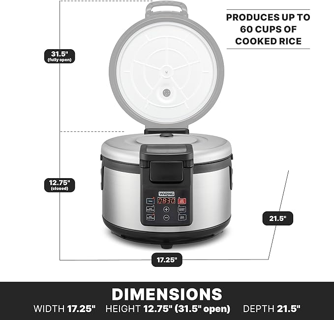 Waring Commercial 60 Cup (30 Cup Uncooked) Rice Cooker with Countdown Timer, Includes Paddle, Rice Cup, and Silicone Anti-Scratch Pad. Multifunction for Porridge, Oatmeal, Soup or Broth, WRC60