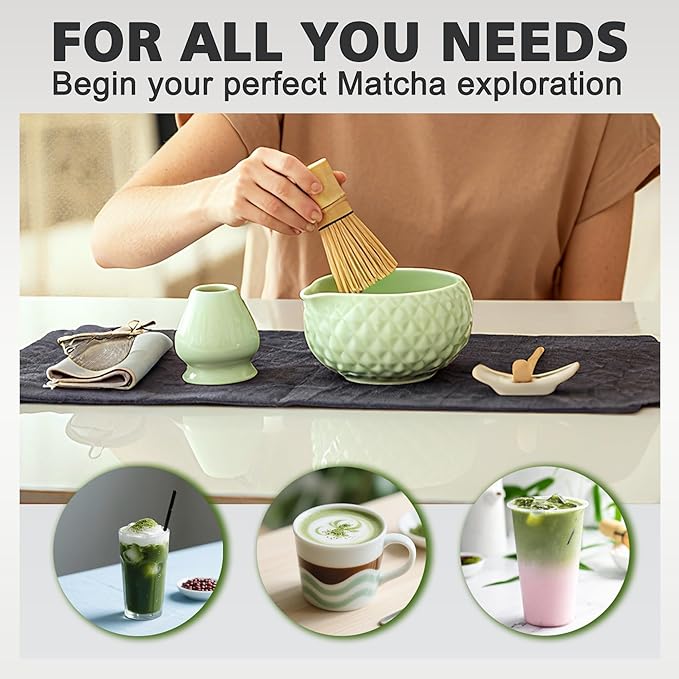 Matcha Whisk Bowl Set, 7PCS All-in-One Japanese Tea Set Includes Matcha Bowl with Spout, Bamboo Whisk (Chasen) with Stand, Scoop, Sifter, Complete Kit for Ceremony, Gift for Matcha Tea Lovers(Green)