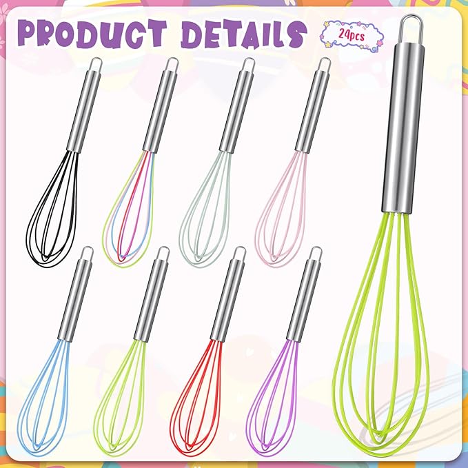 Domensi 24 Pcs 10 Inch Whisks Bulk for Cooking Silicone Whisks Non Scratch Stainless Steel Egg Beater Colorful Coated Metal Heat Resistant Egg Beaters for Mothers Day Party Favor Gift Supplies