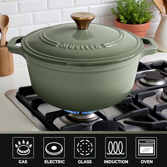 MUELLER HOME 4.5 Quart Enameled Cast Iron Dutch Oven For Sourdough Bread Baking, Heavy-Duty, Oven-Safe up to 500° F & Across All Cooktops, Casserole Dishes, Green Kitchen Accessories, Thyme Green
