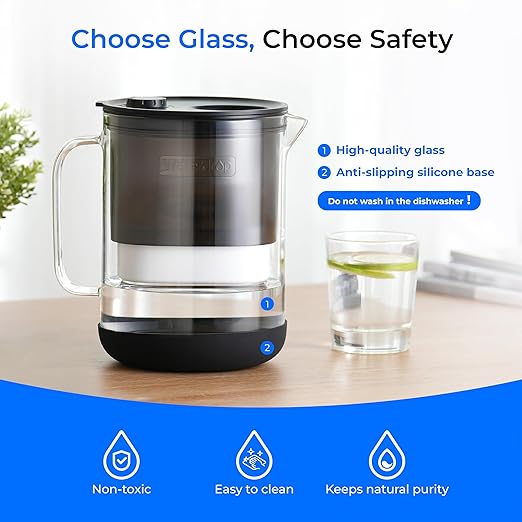 Waterdrop PT-72BL Glass Water Filter Pitcher, 7-Cup, Eco-Friendly, NSF/ANSI 53, 42 & 372 Certified Filter, Reduces PFOA/PFOS, Chlorine, Cadmium, Copper & Mercury, BPA-Free, Easy to Clean, Black