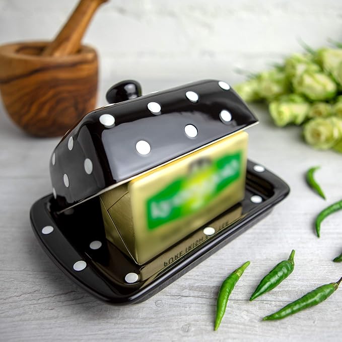 City to Cottage Large Ceramic Butter Dish With Lid for Countertop - Handcrafted Black and White Polka Dot Keeper, Container With Knob Handle, Holder Tray With Cover