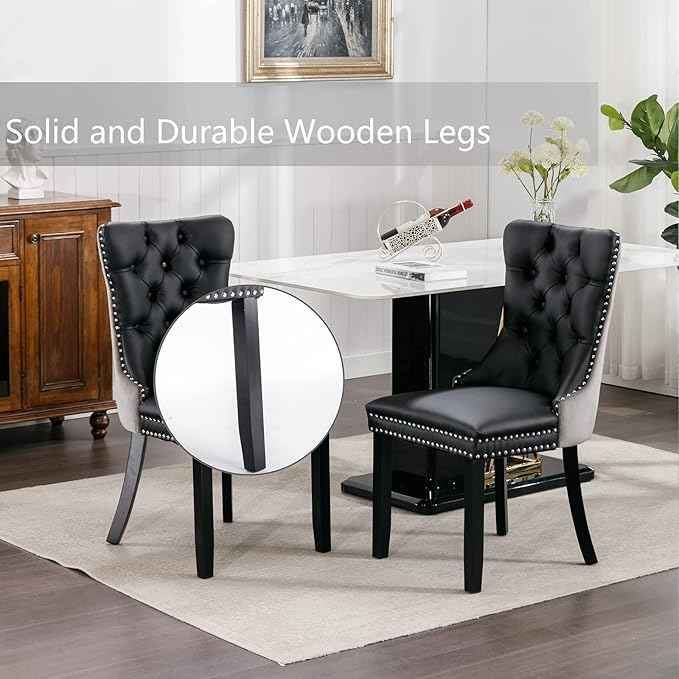 Dining Chairs Set of 4, Upholstered Dining Room Chairs with Back Ring Pull Trim and Solid Wood Legs, Modern Tufted Kitchen Chairs Perfect for Dining Room, Black Pu Leather Splicing Grey Velvet