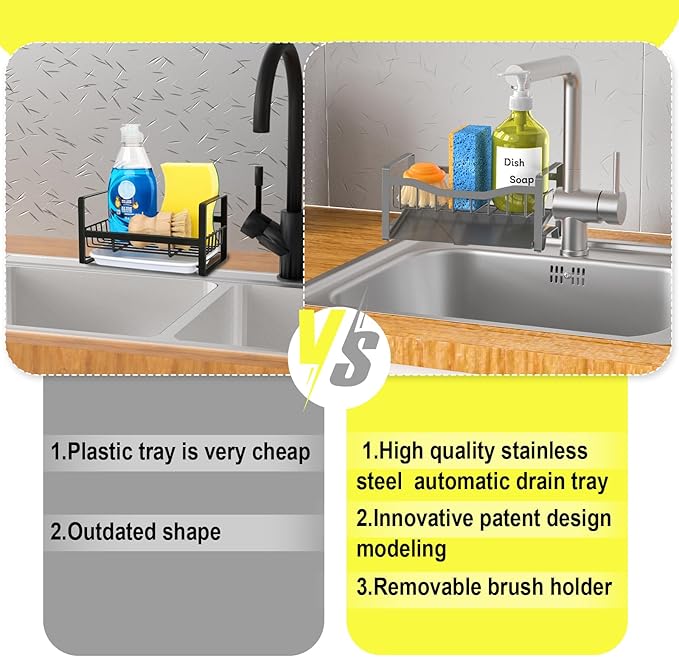 Maifan Stainless Steel Kitchen Sink Caddy Organizer with Auto Drain Tray, Sponge Holder for Countertop Storage Dark Gray