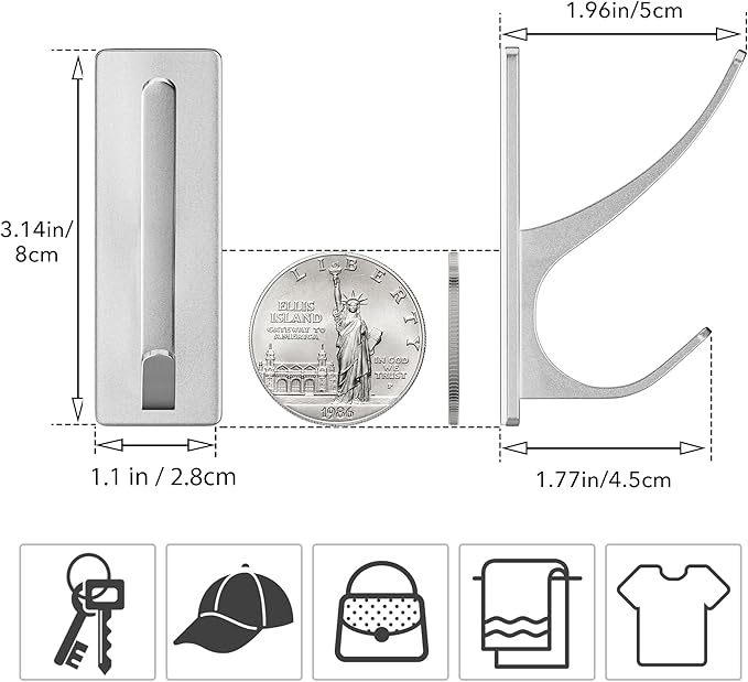 pickpiff Silver Self Adhesive Coat Hooks for Hanging: 13LB Extra Strong Stainless Wall Hook for Towel, Utensil, Backpack, Hat, Sturdy Metal Hanger for Bathroom, Kitchen, Door, 10-Pack