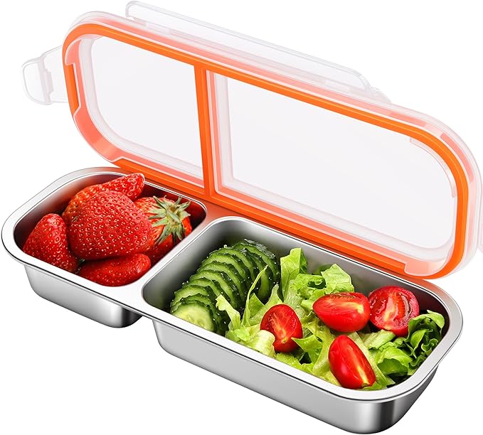 KTKUDY Stainless Steel Snack Container for Kids & Adults - Leek Proof Metal Bento Lunch Box with 2 Compartment - Lunchable Container for Daycare, School, Work, Travel - Stackable Bento Snack Box