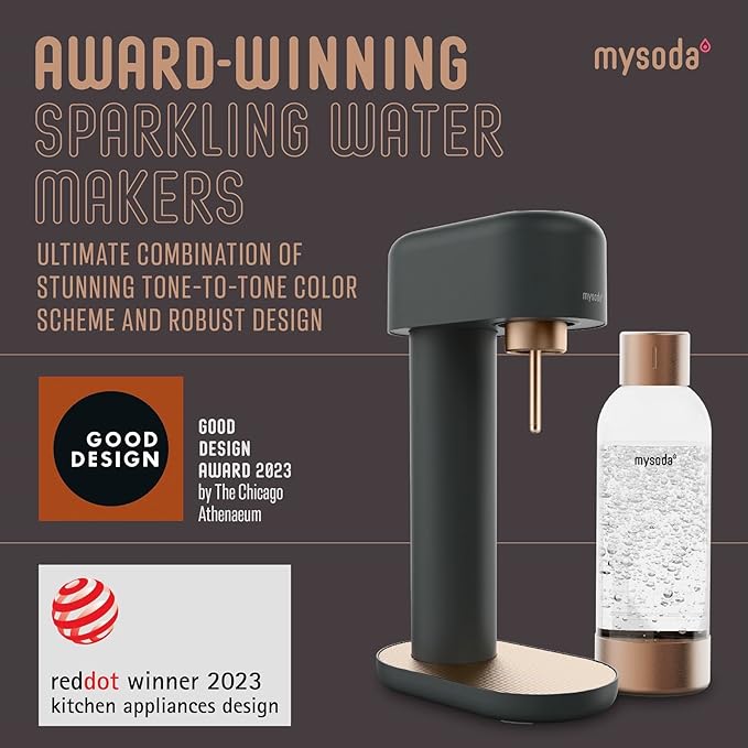 Mysoda Ruby 2 Sparkling Water Maker - Silent and Long-Lasting Aluminium Soda Maker with 1L Water Bottle - Without CO2 Cylinder - Black Copper