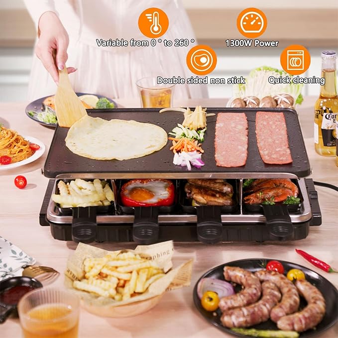 Indoor Grill Table Smokeless Portable Griddle Raclette Grill Nonstick with 8 Cheese Maker Pans Temperature Control & Dishwasher Safe 1300W Ideal for Parties and Family Fun