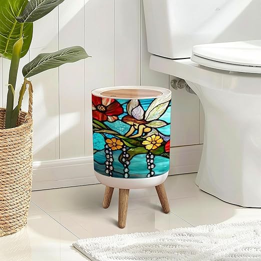 Trash Can with Lid Turquoise Backdrop Fairy Glass Dew Drops Press Top Round Small Garbage Bin with Wooden Legs Waste Basket for Kitchen Bedroom Nursery 7L/1.8 Gallon