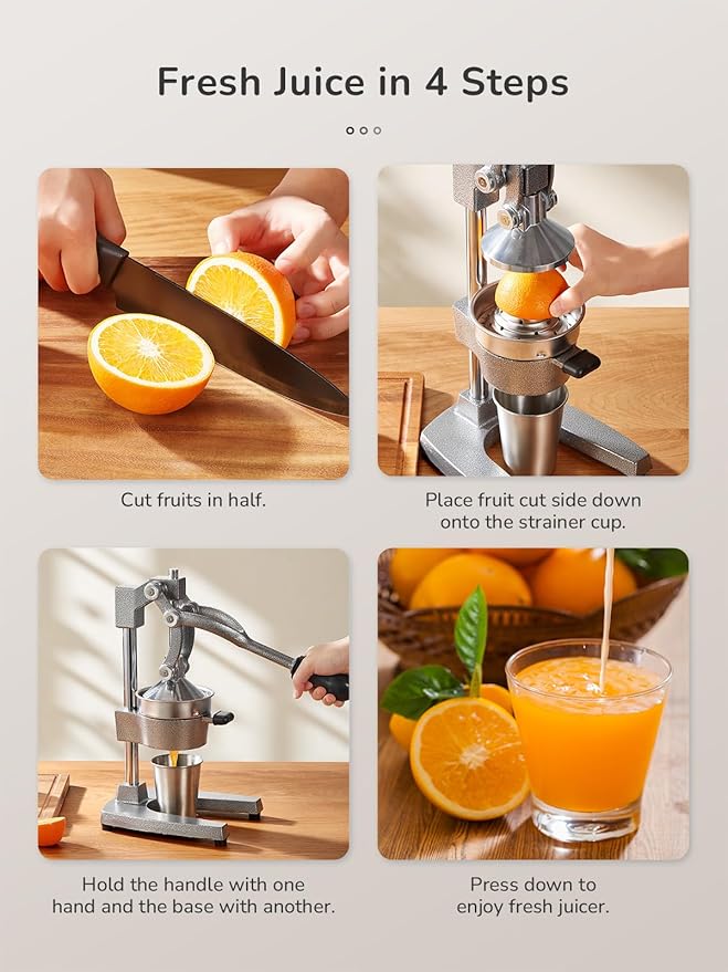 QCen Professional Cast Iron Manual Juicer, Heavy Duty Citrus Press with Stainless Steel Strainer, Easy-to-Clean Hand Squeezer for Orange, Lemon, Lime and Grapefruit - Black (Silver)