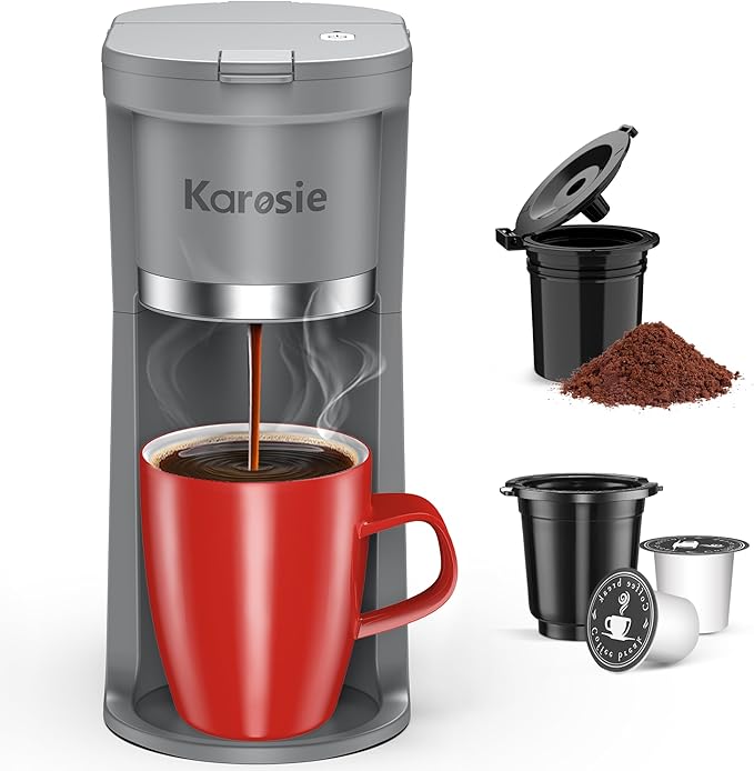 Small Single Serve Coffee Maker, Fast Brew for K-Cup & Ground Coffee, 6-12 Oz Brew Sizes, One-Button Single Cup Coffee Maker, Coffee Machine with Descaling Reminder,Grey, 9.45 Inches