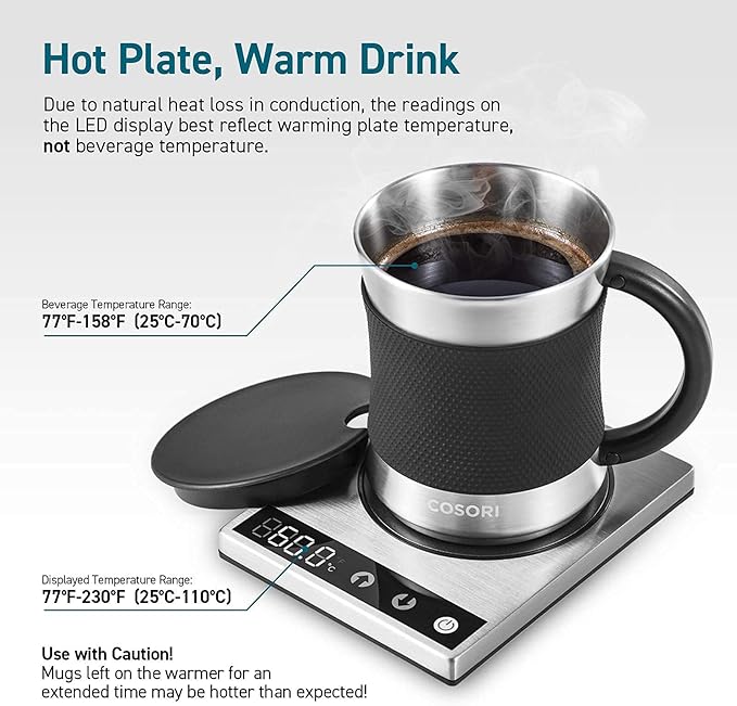 COSORI Coffee Mug Warmer & Mug Set for Desk, Cup Heater, Office & Christmas Gifts, 1°F Precise Temperature Control, Touch Tech & LCD Digital Display (77-194℉), 304 Stainless Steel, Silver/Black