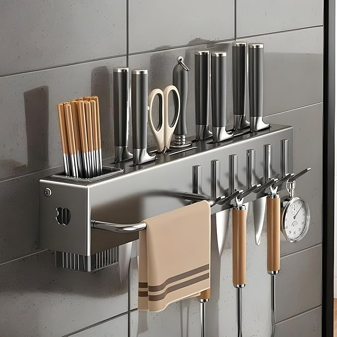 Utensil Holder – Kitchen Wall Organizer | No-Drilling Wall Mount Cutlery Storage Rack With Hooks, Towel Hanger For Spatula, Spoon, Mug & Kitchen Accessories Organization And Space Saving