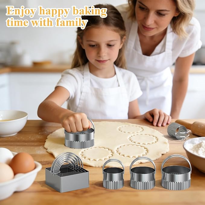 Biscuit Cutter Set of 10 pcs, Square and Fluted Cookie Cutter Set with Handle, Stainless Steel Round Biscuit Cutters, Professional Baking Dough Tools