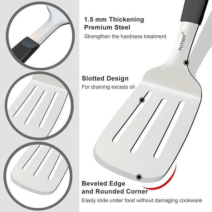 Slotted Spatula Stainless Steel, Large Metal Turner Spatula for Cast Iron Skillet and Flat Top Grills, Full Tang Silicone Handle, Heavy Duty Smash Burger & Egg Flipper, 4.6 x 3.7 In