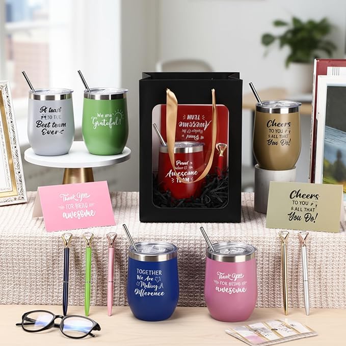 Patelai 60 Pcs 2026 Employee Appreciation Gift Set for Team 12oz Stainless Steel Coffee Mug Colorful Cups with Lid and Straw Pens Card Bags Set for Employees Team Party Supplies