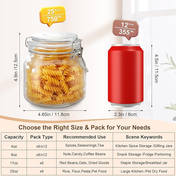 Glass Jars with Airtight Lids, 26oz Glass Storage Jars Set of 6, Thick Food Storage Containers for Pantry Organization, Kitchen Counter, Coffee, Pasta, Cereal