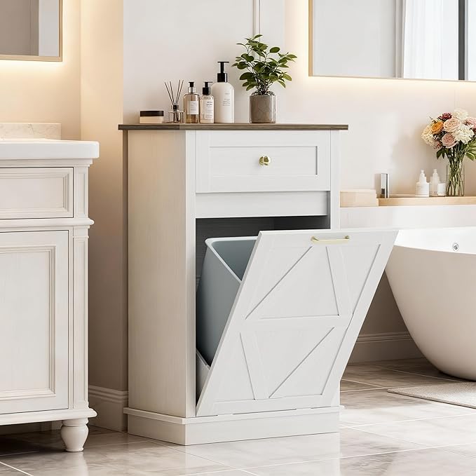 JUMMICO Tilt-Out Trash Can Cabinet, 10 Gallon Laundry Hamper Cabinets with Drawers, for Kitchen, Dining Room and Living Room (White, 1 Piece)