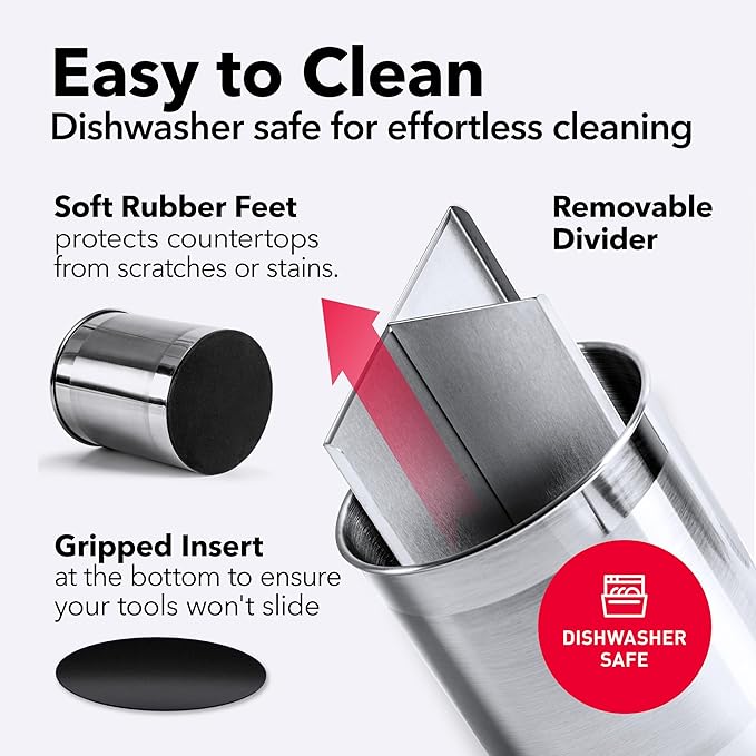 Cooler Kitchen Rotating Extra Large Stainless Steel Utensil Holder Caddy with Sturdy No-Tip Weighted Base, Removable Divider, and Gripped Insert Bottom -Dishwasher Safe Metal Cooking Utensil Holder