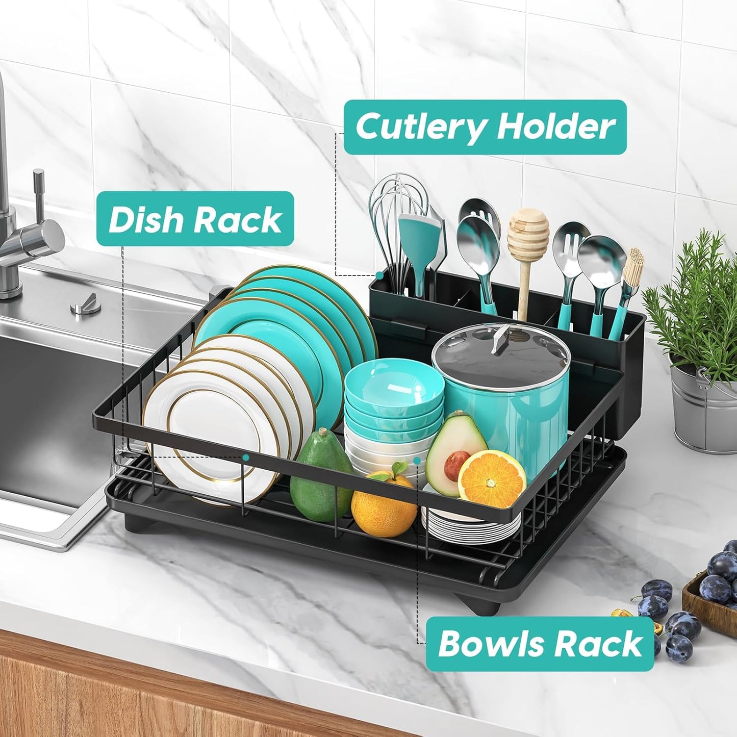 MERRYBOX Dish Racks for Kitchen Counter, 2025 Upgrade Large Sink Dish Drying Rack with 3-Compartment Utensil Holder 16.8" D x 13" W x 5.71" H