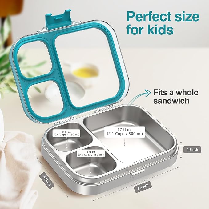 HOMEKOL Stainless Steel Bento Lunch Box, 3-Compartment Leak-Proof Lunch Container for Kids & Adults, BPA/BPS-Free 304 Metal Food Box, Dishwasher Safe, Clear Tritan Lid, Blue (Not Insulated)