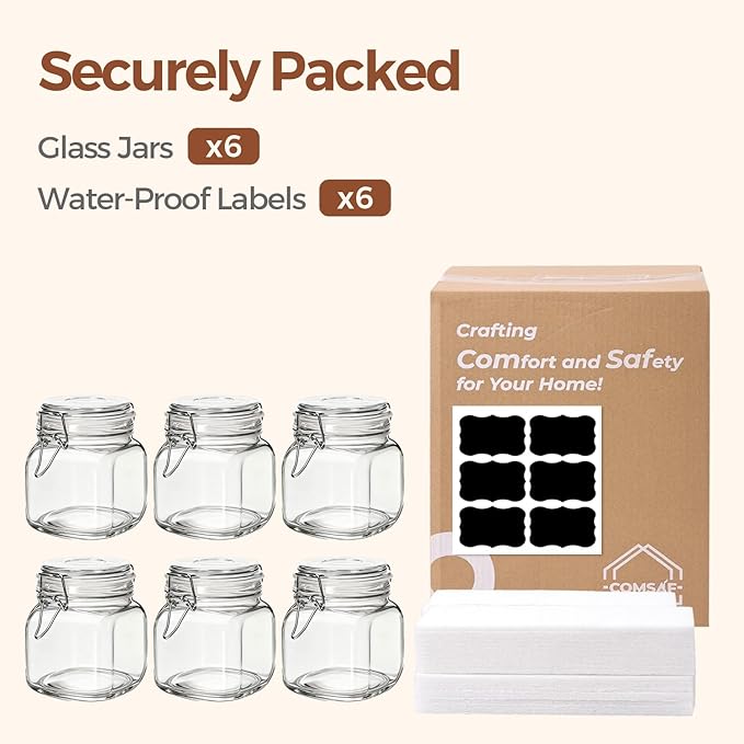 ComSaf 6-Pack 27oz Square Glass Pantry Canisters, Aesthetic Food Storage Jars for a Full Makeover, Modular Containers for Coffee, Sugar, Cookies, Snacks & Spices