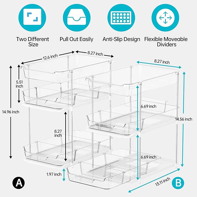 Delamu 2 Sets of 3-Tier Bathroom Under Sink Organizers and Storage, Multi-Purpose Stackable Pantry Organization and Storage, Pull Out Clear Kitchen Bathroom Cabinet Organizer with Movable Dividers | Storage, Multi-Purpose, Stackable, Pantry Organizatio...