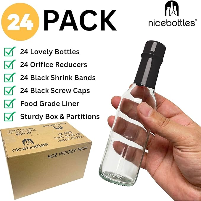 nicebottles Hot Sauce Bottles with Black Caps & Shrink Bands, 5 Oz - 24 Pack