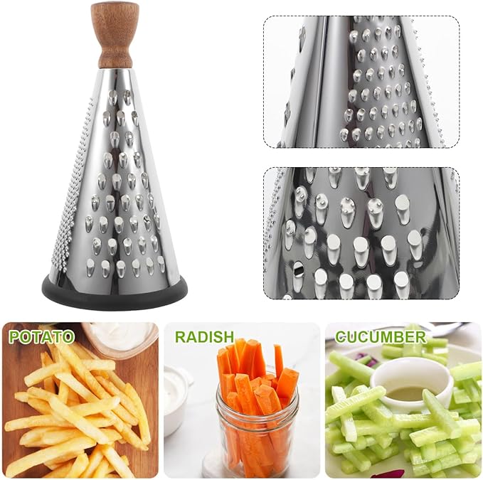 Cabilock 9 Inch Cone Cheese Grater with Wooden Handle Multi-Function Stainless Steel Vegetable Shredder for Kitchen Use Manual Cone Grater for Cheese and Chocolate
