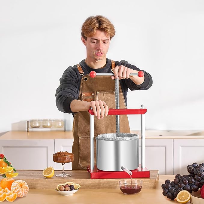 VEVOR 1.6 Gal/6L Fruit Wine Press, 2 Stainless Steel Barrels, Manual Juice Maker, Cider Apple Grape Tincture Honey Olive Oil Making Press with T-Handle for Outdoor Kitchen Home