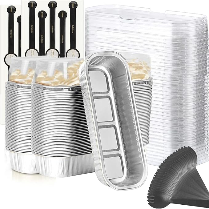 Findful Mini Loaf Baking Pans with Lids And Spoons (100 Pack, 6.8oz) Rectangle Aluminum Foil Baking Pans Tins Containers - Cupcake Containers Wrappers Cheesecake Creme Brulee Ramekins
