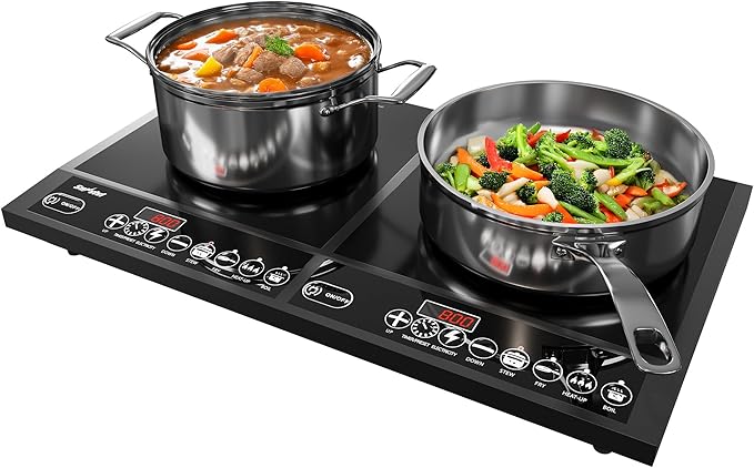 Sunvivi Portable Induction Cooktop: 2 Burners in 1, Commercial-Grade Electric Countertop Stove with LED Touchscreen, 8 Power Levels & Precise Temp Control (176°F-518°F), Independent Timer, Black