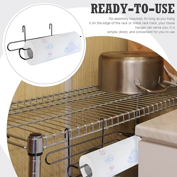 CroBlissful Paper Towel Holder for Wire Shelving 5'' D x 12'' W x 4.5'' H Hanging Paper Towel Holder Wire Shelf Accessories for Camp Dorm Laundry Room Stove Kitchen (Black)