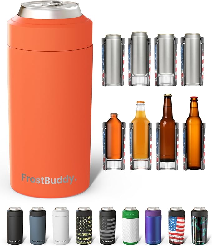 Frost Buddy Universal Buddy Can Cooler - Fits All - For Regular 12 & 16 oz or Slim-Size Bottles - Insulated Double-Walled Stainless Steel (Orange)