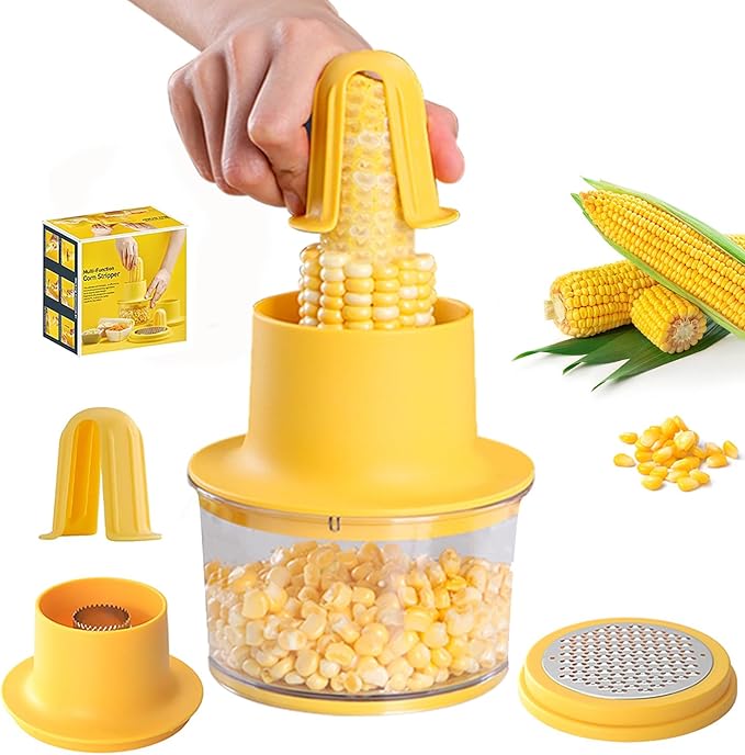 Corn Cob Stripper, Corn Peeler for Corn on the Cob, Quick Corn Cutter Tool, Corn shucker off the Cob with Bowl & Safety Handle [Yellow]