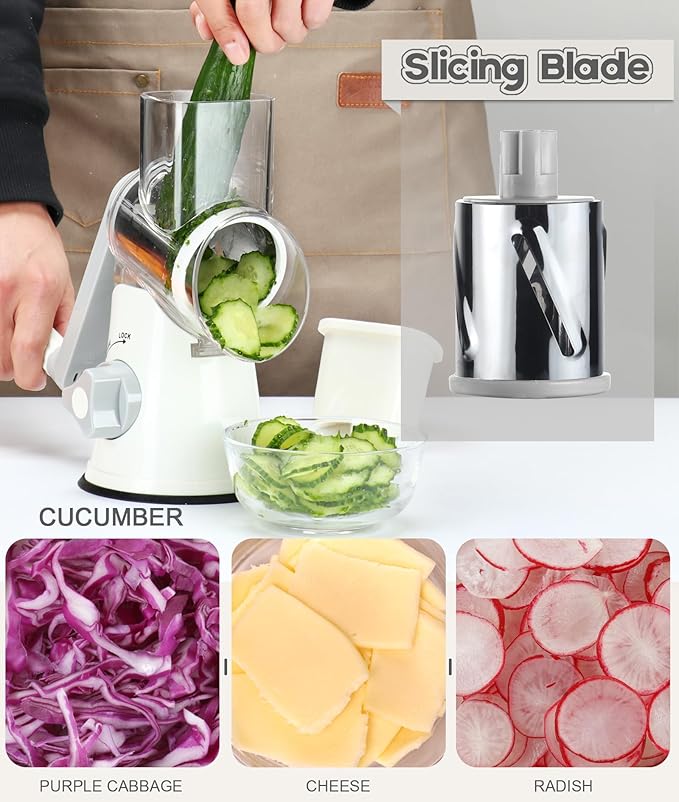Ourokhome Rotary Cheese Grater Hand Crank, Kitchen Shredder Speed Mandolin Slicer, Zucchini Noodle Maker Spaghetti Spiralizer - 5 Blades Vegetable Slicer
