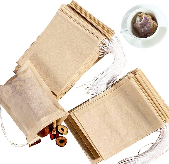 NEPAK 200Pcs Tea Filter Bags for Loose Tea,3.15 x 3.94 inch Disposable Tea Infuser,Empty Tea Bags with Drawstring,Natural Wood Pulp Material