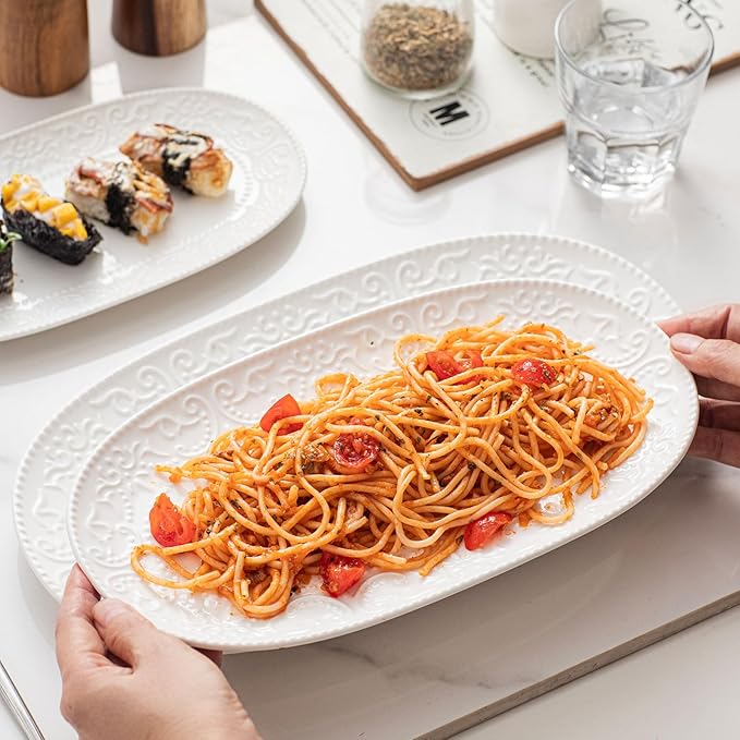 Oval Serving Platter, 14"/12"/10" Ceramic Serving Platters, Embossed White Serving Plates, Stackable Porcelain Tray for Appetizer, Dessert, Pasta, Sushi, Oven Dishwasher Safe, Set of 3, Family Dining