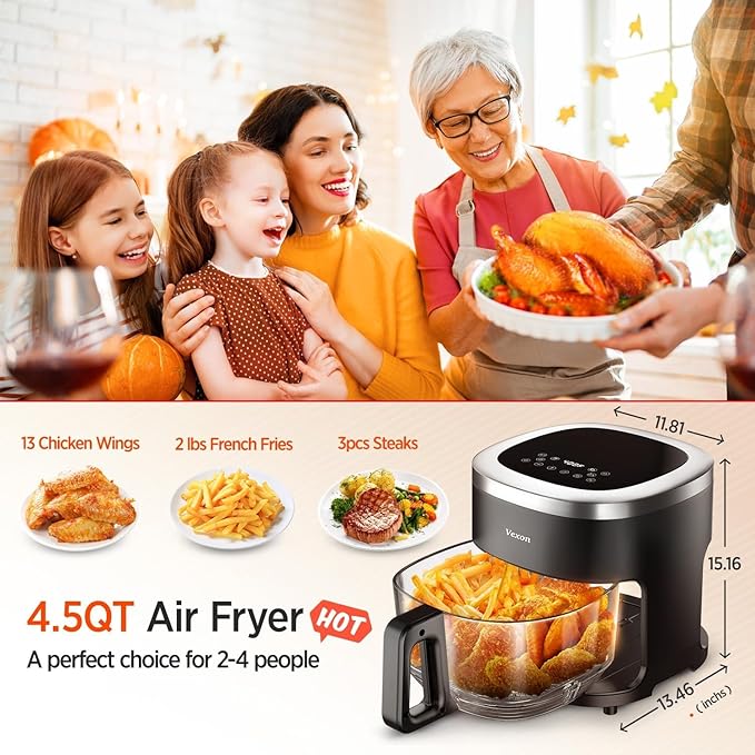 Vexon 4.5QT Air Fryer, 1200W Compact Hot Air Cooker with Visible Window, Nonstick Basket, Digital Touch Screen, Oil-Less Electric Air Fryer Oven for Healthy Cooking (Black)