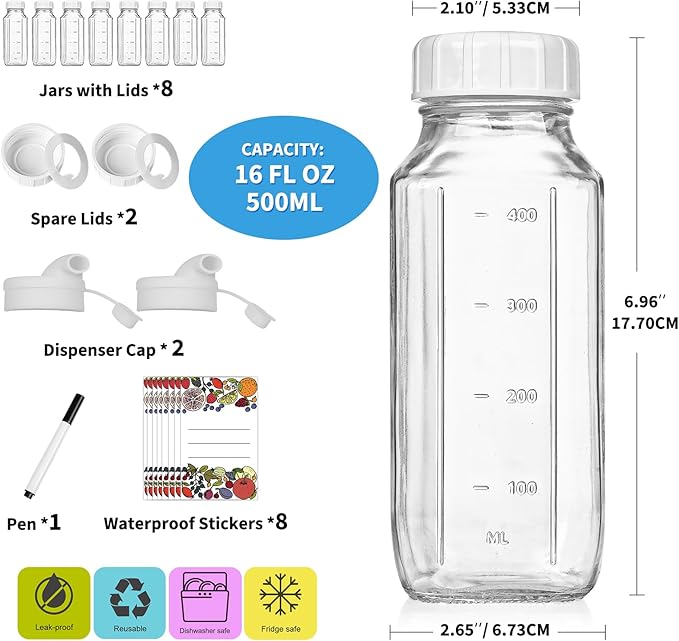 8 Pack 16 Oz Reusable Glass Milk Bottles w 100% Airtight Heavy Duty SCREW Lid & 2 Pour Spouts - Glass Juice Bottles w Capacity Mark - Beverage Drinking Jar Juice Container Breast Milk(Extra 2 Lids)